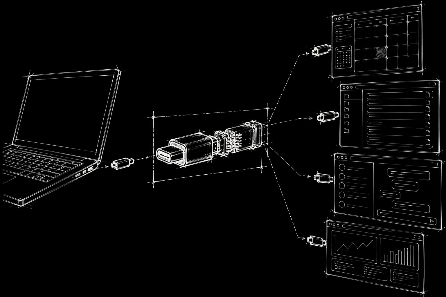 Planche technique : un connecteur unique relie un ordinateur à un éventail de fenêtres d’applications.