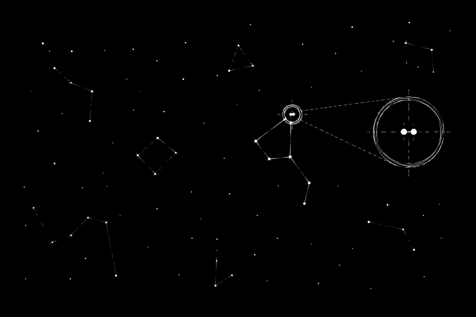 Planche technique : une carte du ciel où les points se regroupent en constellations, deux points proches cerclés.