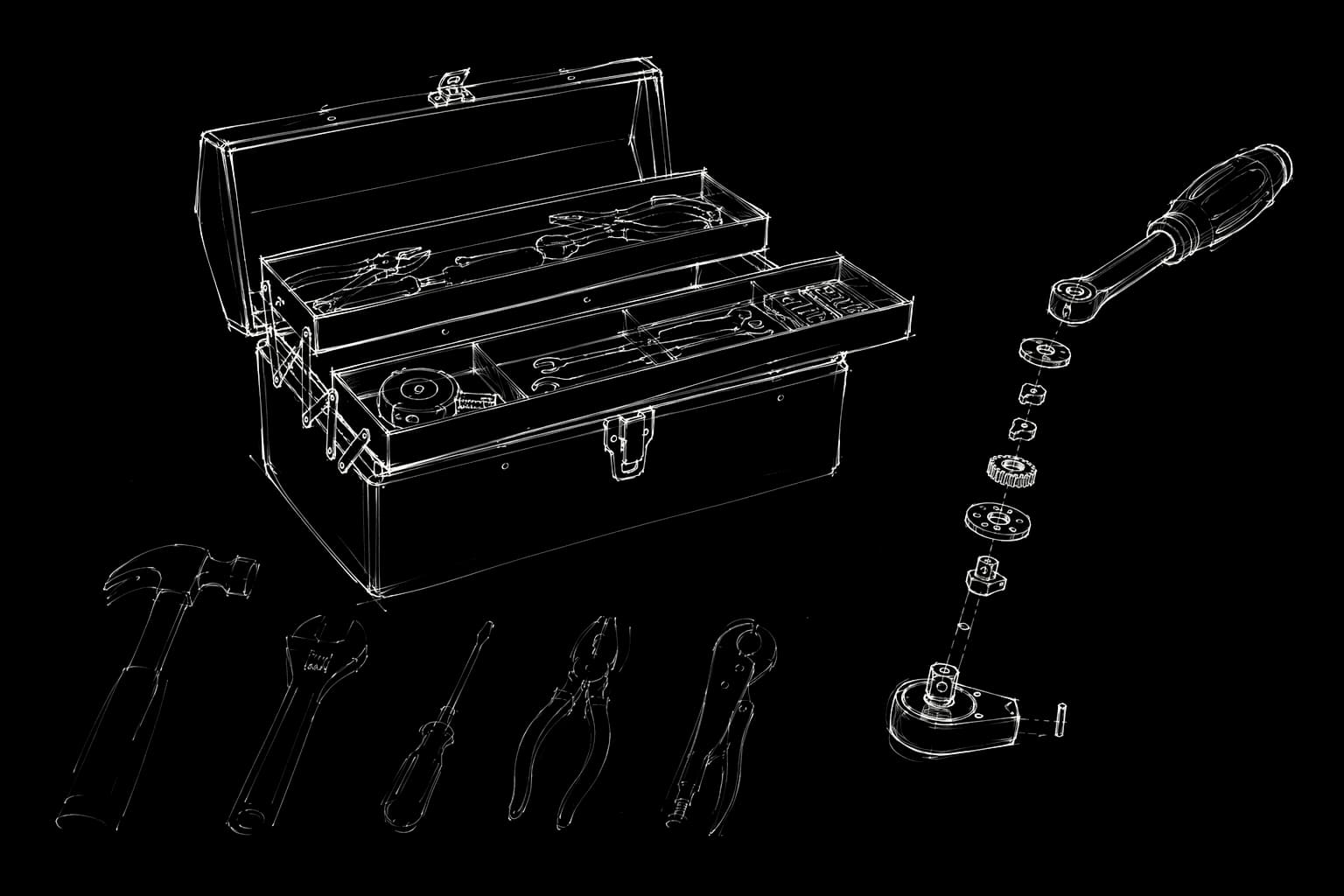Planche d’étude : une caisse à outils ouverte, un rang d’outils, et un outil démonté en vue éclatée.